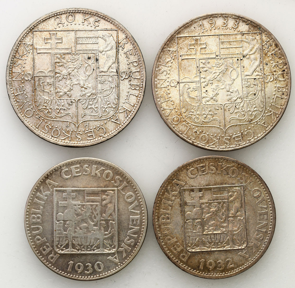 Czechosłowacja. 10, 20 koron 1930-1937, zestaw 4 monet